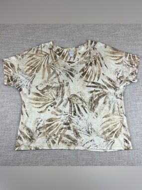 Chico’s Tropical Linen Top XL 3 Boxy Dolman  Stretch Slinky Shimmer Neutral Leaf